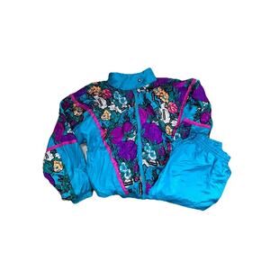 1980s Women’s Jogger Tracksuit 2pc Sz Lg Teal Floral